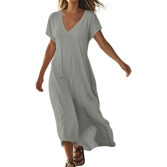 Jamsmile Women Dress Linen V Neck Short Sleeve Loose Casual Maxi Dresses Solid Color Comfortable Boho Holiday Dress Sundress
