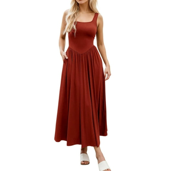 Jamsmile Women Dress Square Neck Long Sleeveless Maxi Spring Summer Comfortable Flowy Elegant Solid Color Strap Dress