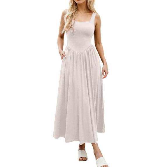 Jamsmile Women Dress Square Neck Long Sleeveless Maxi Spring Summer Comfortable Flowy Elegant Solid Color Strap Dress