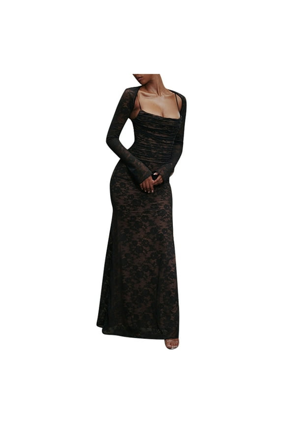Women Dress Square Neck Tie Strap Sheer Lace Long Sleeve Maxi Dresses Crochet Shawl Elegant Evening Bodycon Dress