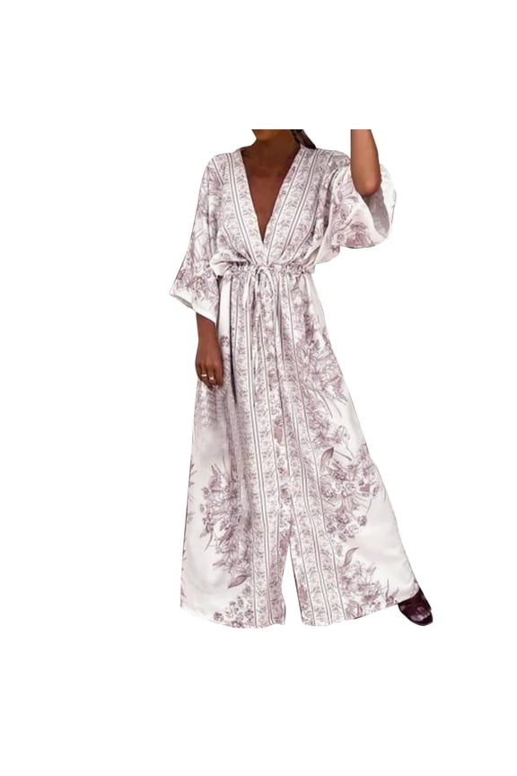 Women Dress Summer Bohemian Style Ladies Floral Print V Neck Short Sleeve Lace Up Maxi Dresses Loose Sundress