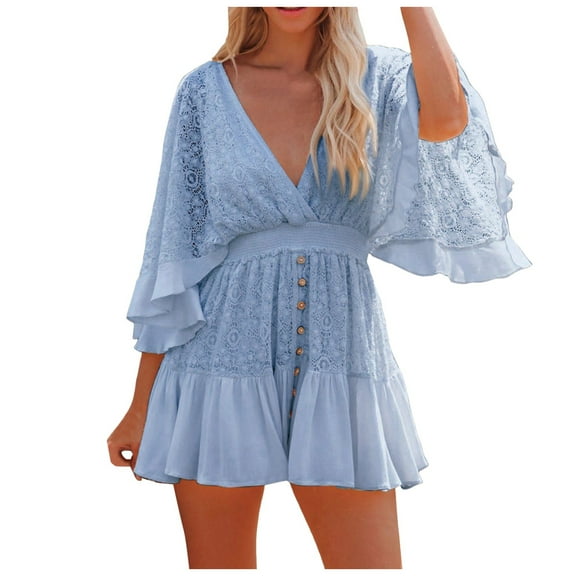 Jamsmile Women Dress Summer Boho Flare Sleeve Ruffles High Waist Lace Hollow Ruched Dresses Loose Beach Coverups Sundress