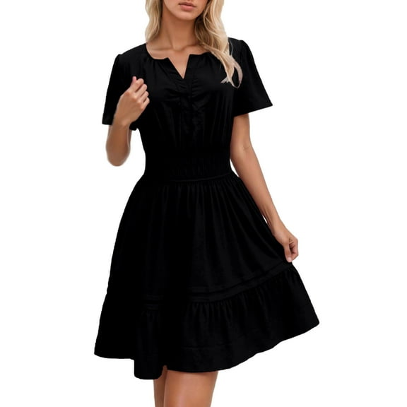 Jamsmile Women Dress Summer Casual V Neck Short Sleeve Flowy Pleated Dress Elegant Wear Spring Summer Outfits Vacation Dress