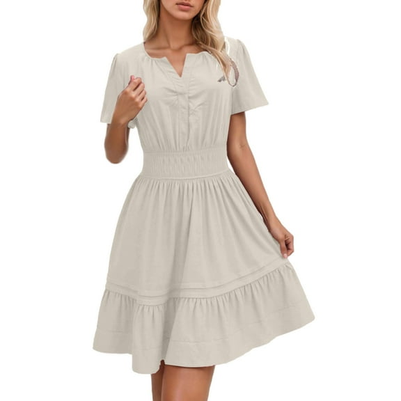 Jamsmile Women Dress Summer Casual V Neck Short Sleeve Flowy Pleated Dress Elegant Wear Spring Summer Outfits Vacation Dress