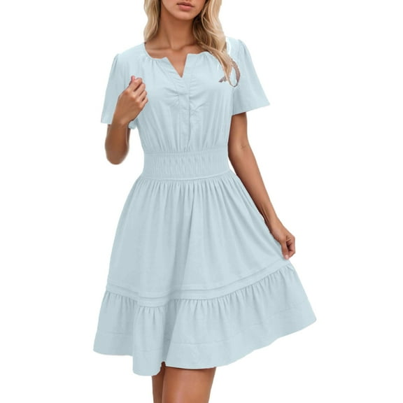 Jamsmile Women Dress Summer Casual V Neck Short Sleeve Flowy Pleated Dress Elegant Wear Spring Summer Outfits Vacation Dress
