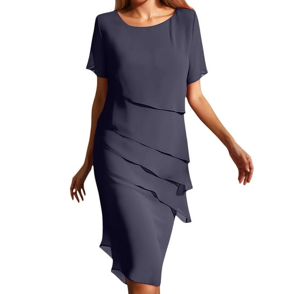 Jamsmile Women Dress Summer Chiffon Solid Color Round Neck Short Sleeve Patchwork Dresses Ladies Business Chic Clothes