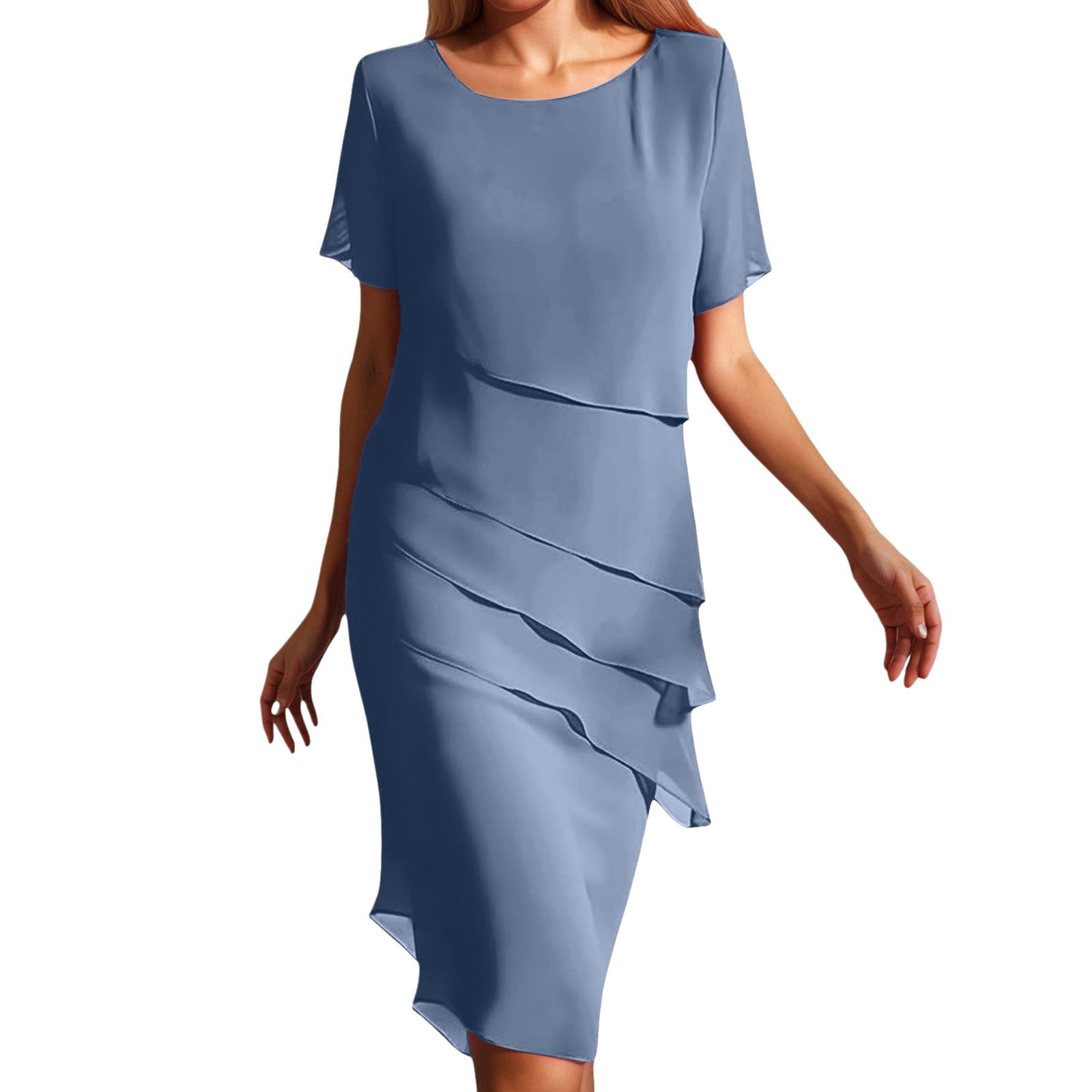 Jamsmile Women Dress Summer Chiffon Solid Color Round Neck Short Sleeve  Patchwork Dresses Ladies Business Chic Clothes - Walmart.com