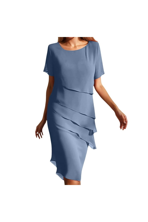 Women Dress Summer Chiffon Solid Color Round Neck Short Sleeve Patchwork Dresses Ladies Business Chic Clothes