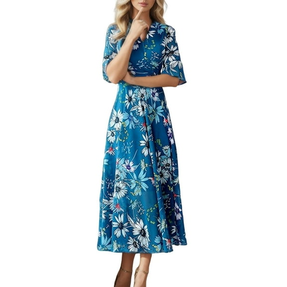 Jamsmile Women Dress Summer Floral Print Short Sleeve Dresses Long Casual Loose V Neck Slim Short Beach Vacation A Line Dress