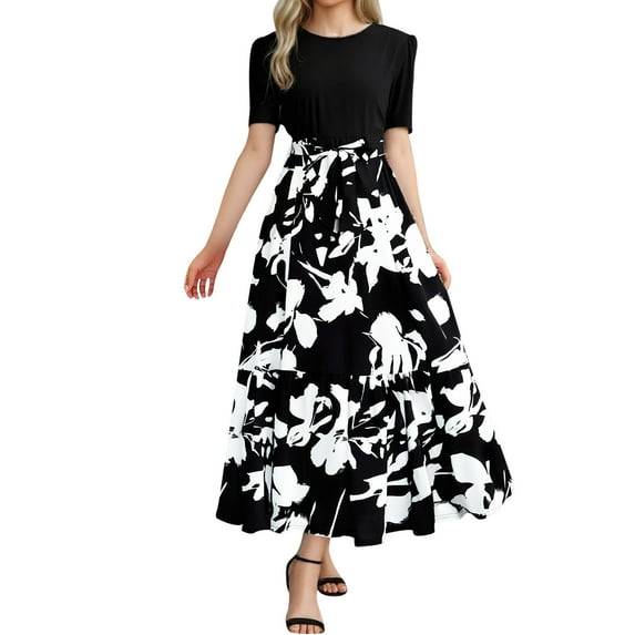 Jamsmile Women Dress Summer Floral Print Wrap Short Sleeve Maxi Dresses Patchwork Ruffles Hem Hem Split Beach Long A Line Dress