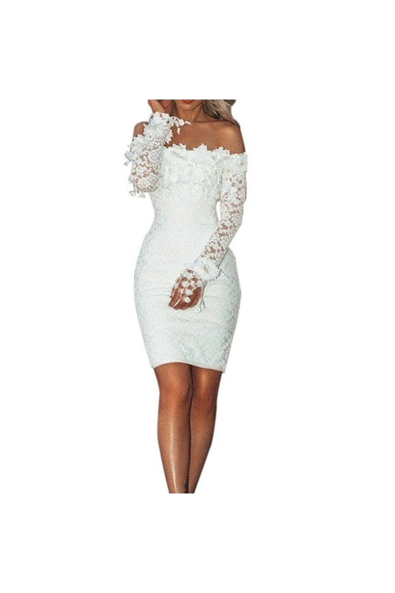 Women Dress Summer Lace Solid Color Slash Neck Off Shoulder Party Dresses Elegant Ladies Formal Bodycon Dresses