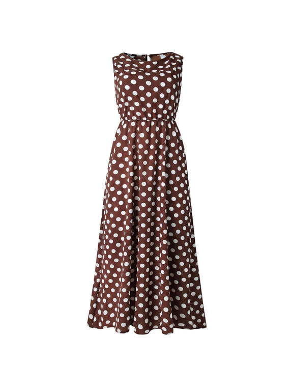 Women Dress Summer Polka Dots Print Sleeveless O Neck Evening Party Long Dresses Spring Beach Vacation Maxi Sundress