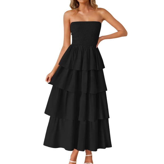 Jamsmile Women Dress Summer Sleeveless Solid Color Strapless Maxi Dress Casual Off Shoulder Smocked Tiered Beach Boho Long Party Dresses