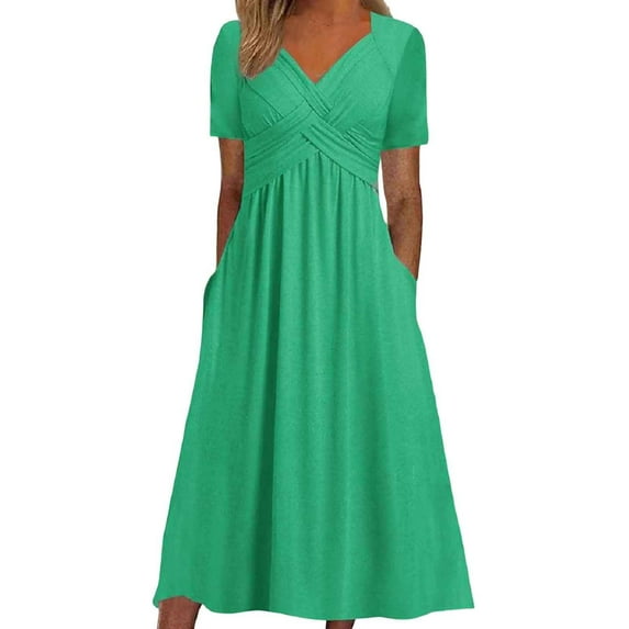 Jamsmile Women Dress Summer Solid Color Short Sleeve Casual Loose Pleated Long Dress With Pockets Daily Party Beach Sundress