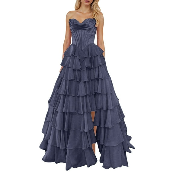 Jamsmile Women Dress Summer Strapless Corset Chiffon Ruffles Hem Long A Line Tiered Evening High Split Party Long Sundress
