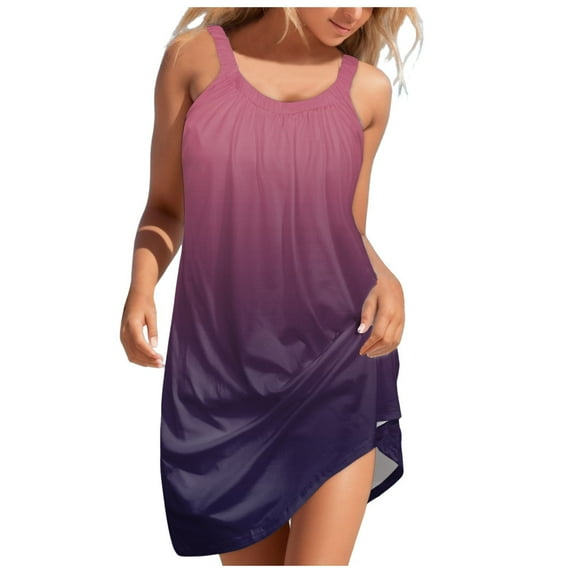 Jamsmile Women Dress Vintage Bohemian Daily Summer Casual Sleeveless Pullover Dress Gradient Print Hollow Out O Neck Sundress Cover Up Beach Mini Dress