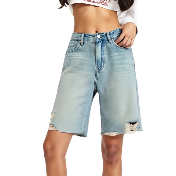 Jamsmile Women Loose Jeans Pants Summer Buttons Waist Retro Ripped Loose Wide Leg Edged Cropped Pants Streetwear Baggy Jeans