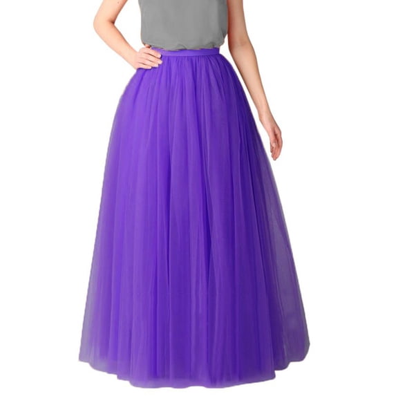 Jamsmile Women Mesh Long Skirts Solid Color Mesh Layered Pleated Gauze Princess Tutu Dance Skirts Comfy High Waist Maxi Skirt