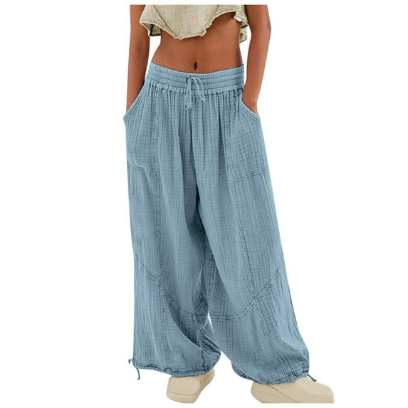 Jamsmile Women Pants Baggy Summer High Waisted Wide Leg Drawstrings Cargo Pants With Pockets Elastic Waist Loose Trousers