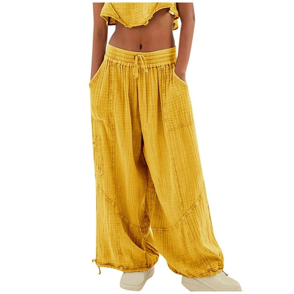 Jamsmile Women Pants Baggy Summer High Waisted Wide Leg Drawstrings Cargo Pants With Pockets Elastic Waist Loose Trousers