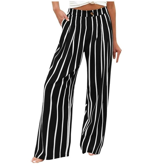 Jamsmile Women Pants Buttons Summer Stripe Print Casual Beach Pants Trousers High Waisted Wide Leg Pants With Pockets