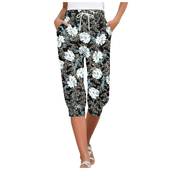 Jamsmile Women Pants Cropped Sweatpants Floral Print Drawstrings Bottoms Lace Up Joggers Streetwear Trendy Athletic Trousers