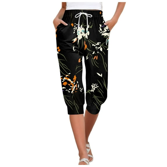 Jamsmile Women Pants Cropped Sweatpants Floral Print Drawstrings Bottoms Lace Up Joggers Streetwear Trendy Athletic Trousers