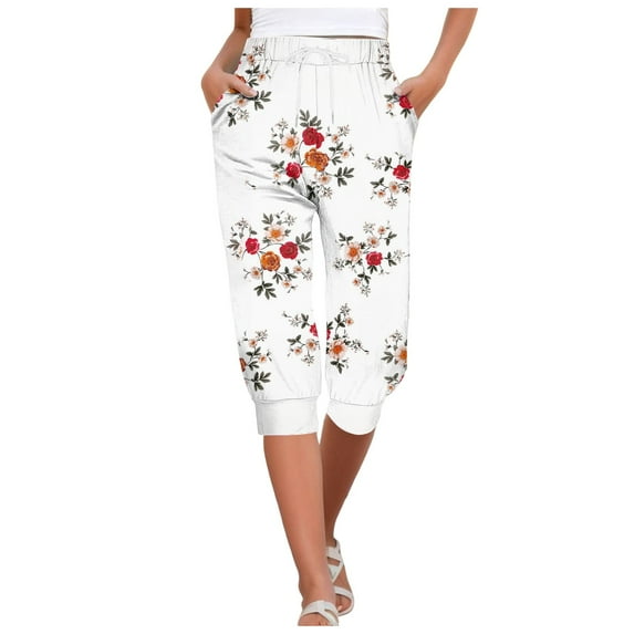 Jamsmile Women Pants Cropped Sweatpants Floral Print Drawstrings Bottoms Lace Up Joggers Streetwear Trendy Athletic Trousers