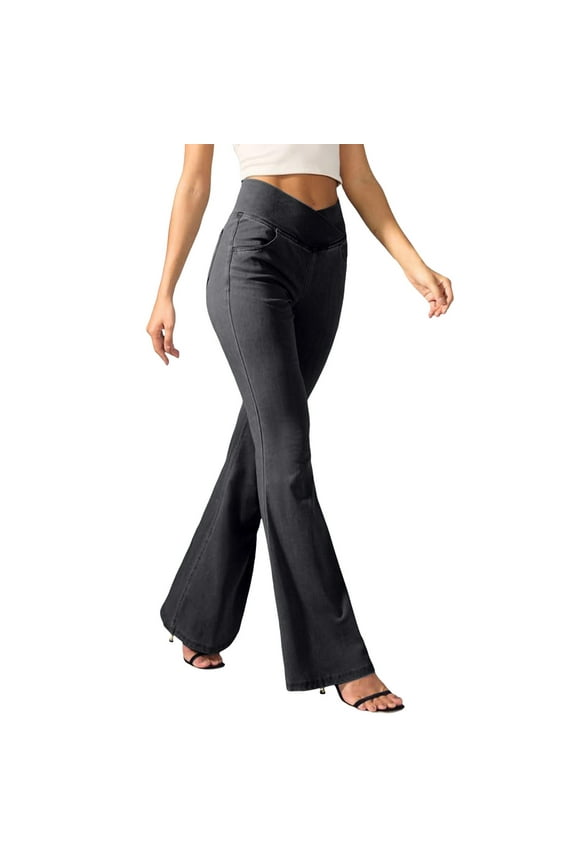 Women Pants High Waisted Bottom Flare Jeans Trendy Yoga Pants Stretchy Leggings Soft Tummy Control Stretchy Pants