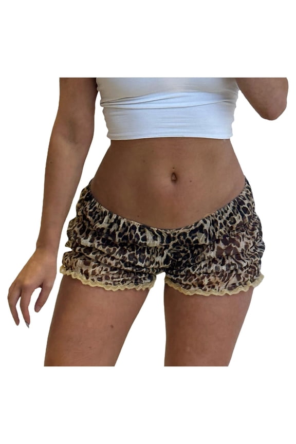 Women Pants Leopard Shorts Frill Lace Trim Shorts Sexy Print Boy Shorts Smocked Ruched Micro Shorts Bottoms
