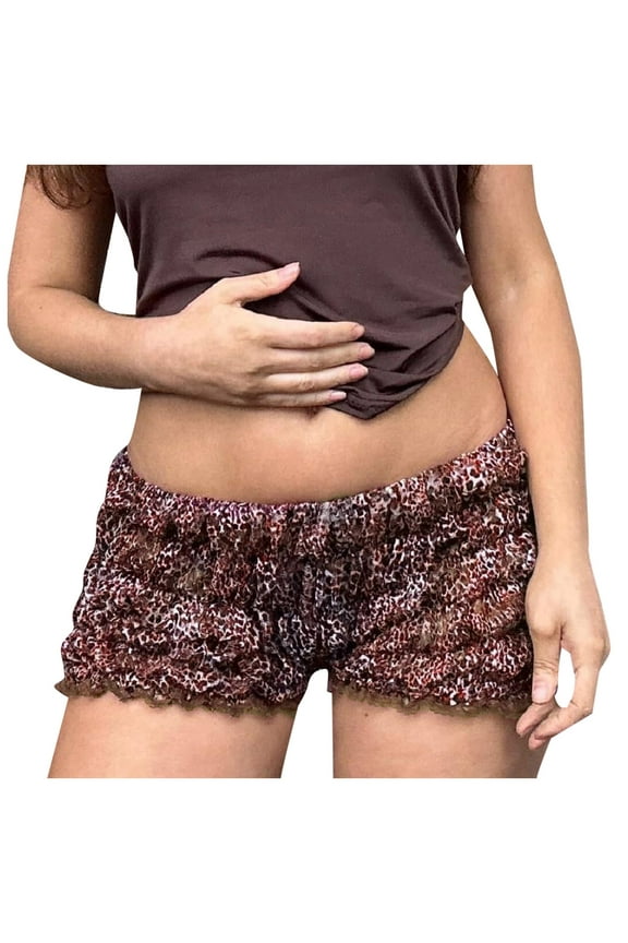 Women Pants Leopard Shorts Frill Lace Trim Shorts Sexy Print Boy Shorts Smocked Ruched Micro Shorts Bottoms