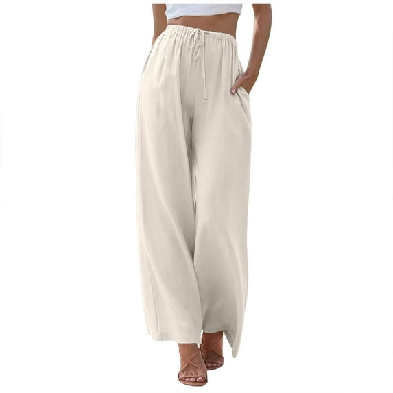 Jamsmile Women Pants Linen High Waisted Wide Leg Palazzo Pants Casual Summer Drawstring Trousers Flowy Beach Pants With Pockets