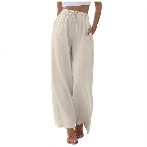 Jamsmile Women Pants Linen High Waisted Wide Leg Palazzo Pants Casual Summer Drawstring Trousers Flowy Beach Pants With Pockets