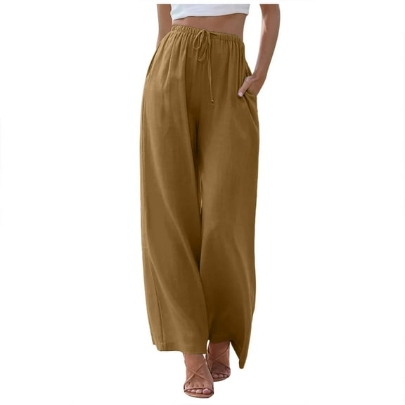Jamsmile Women Pants Linen High Waisted Wide Leg Palazzo Pants Casual Summer Drawstring Trousers Flowy Beach Pants With Pockets