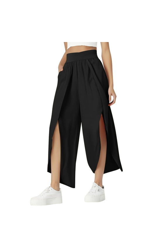 Women Pants Summer Solid Color Slim High Waist High Split Pants Relaxed Beach Loose Holiday Casual Soft Trousers