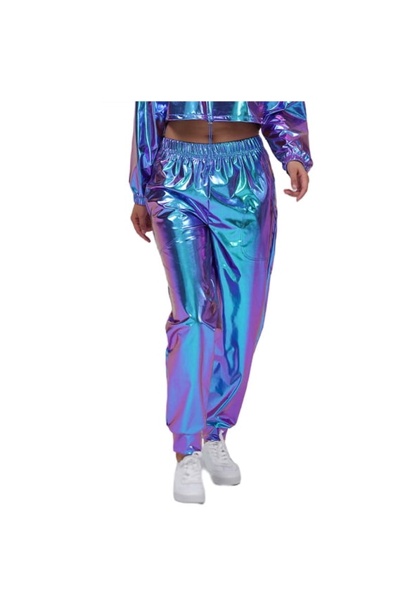 Women Patent Pants Performance Casual Elastic Waist Ankle Trousers High Waist Baggy Party Club Dance Glitter Trousers