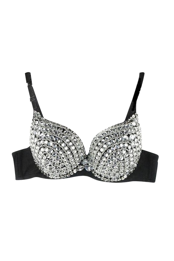 Women Push Up Bra Rhinestone Punk Lady Goth Silver Bra Support Party Clubwear Bras With Underwire
