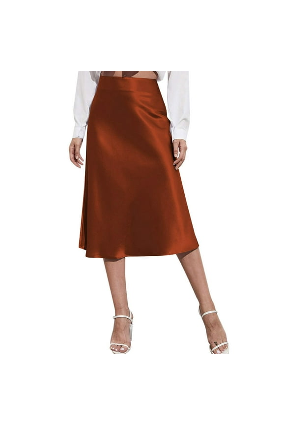 Women Satin Silk Skirts High Waist Midi Skirts Solid Color Zipper Elegant Summer Party Wedding A-Line Skirts