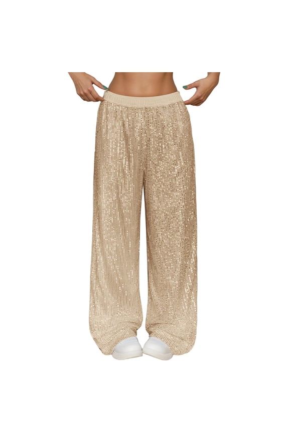 Women Sequin Pants Casual Pants With Pockets Soft Stretchy High Waist Trousers Elastic Waistband Joggers Club Pants