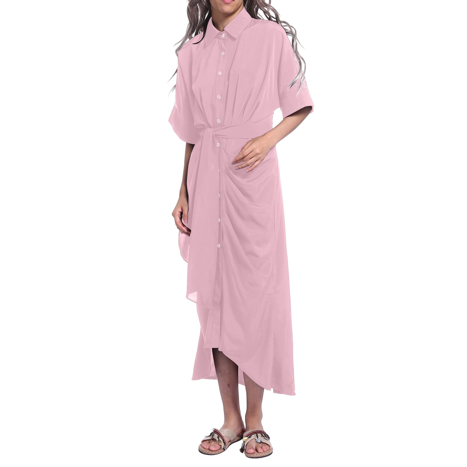 Jamsmile Women Shirt Dress Summer Casual Button Down Solid Color Short Sleeve Belted Shirts Dress Elegant Loose Midi Dress Clothes