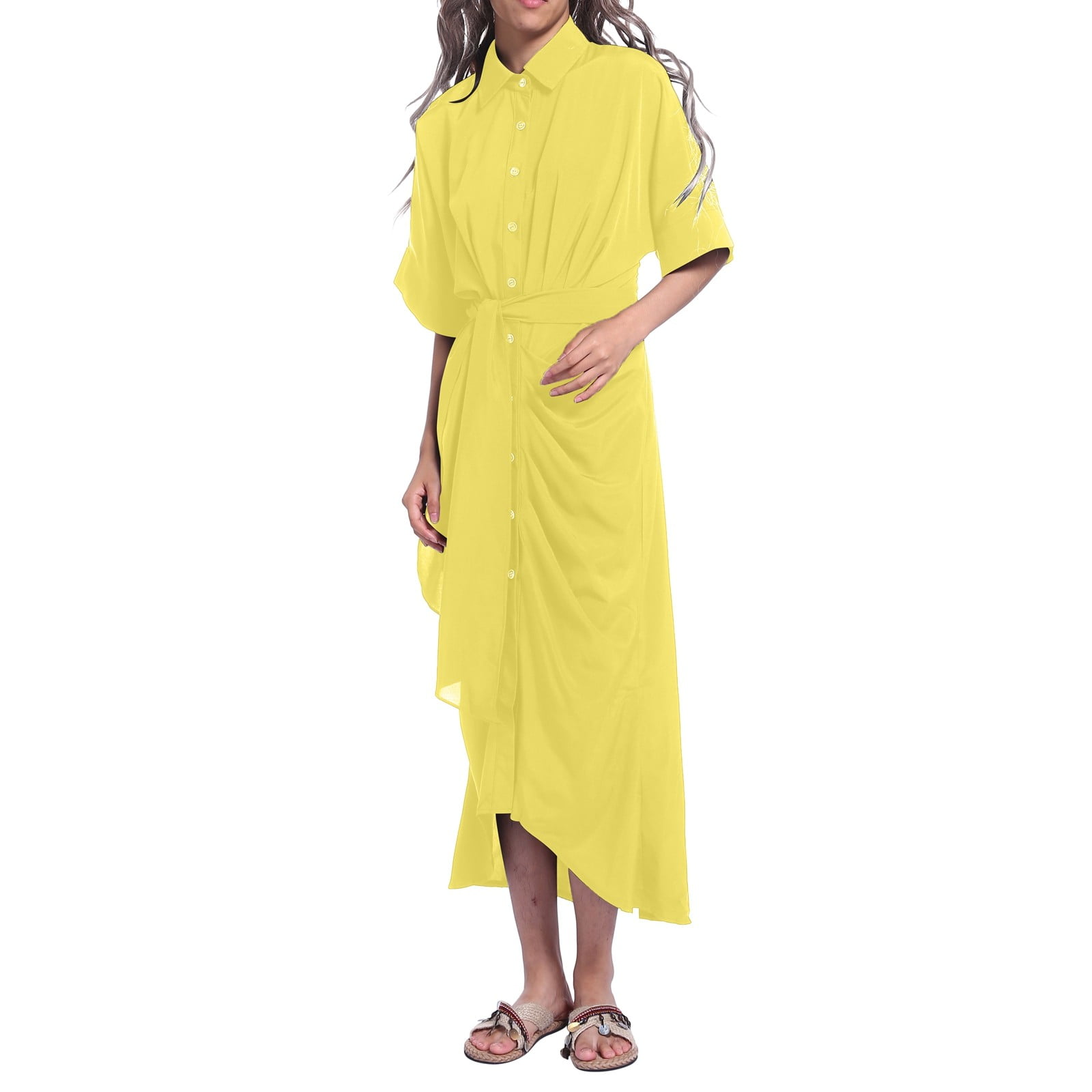 Jamsmile Women Shirt Dress Summer Casual Button Down Solid Color Short Sleeve Belted Shirts Dress Elegant Loose Midi Dress Clothes