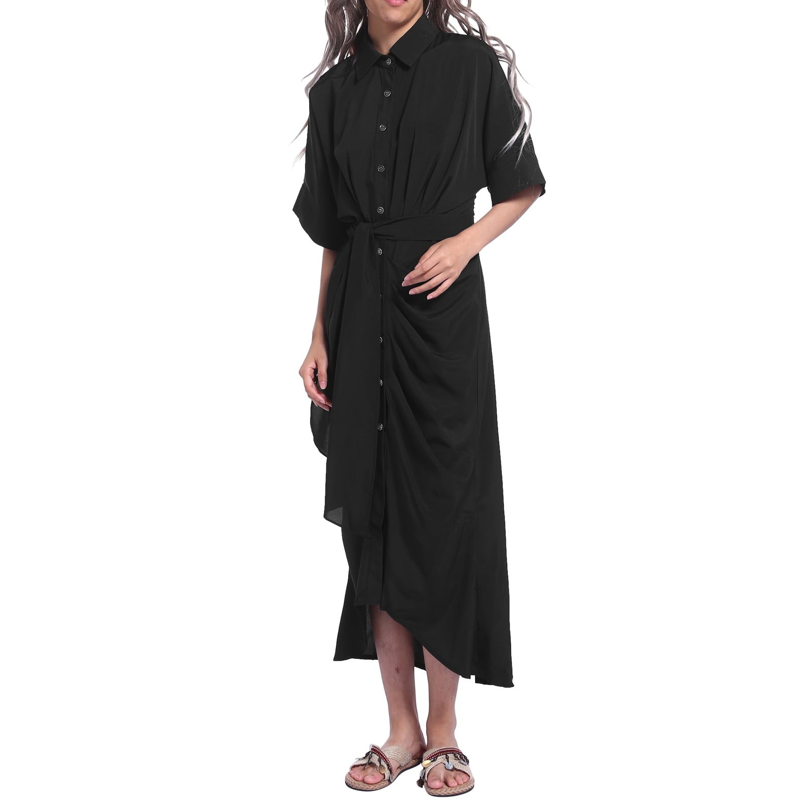 Jamsmile Women Shirt Dress Summer Casual Button Down Solid Color Short Sleeve Belted Shirts Dress Elegant Loose Midi Dress Clothes