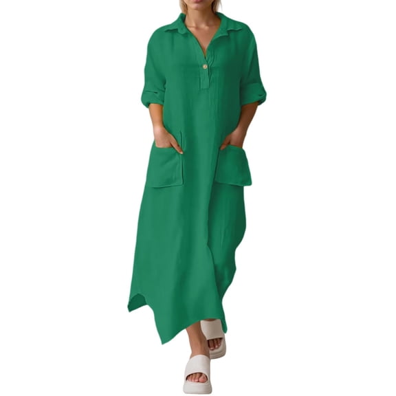 Jamsmile Women Shirts Dress Solid Color Casual Lapel Casual Work Midi Dresses Elegant Loose Tunic With Pockets Long Sundress
