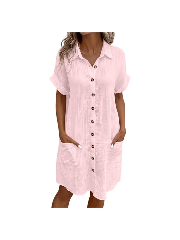 Women Shirts Dress Summer Comfortable Casual Solid Color Button Mid Length Short Sleeve Loose Beach Shirts Dress