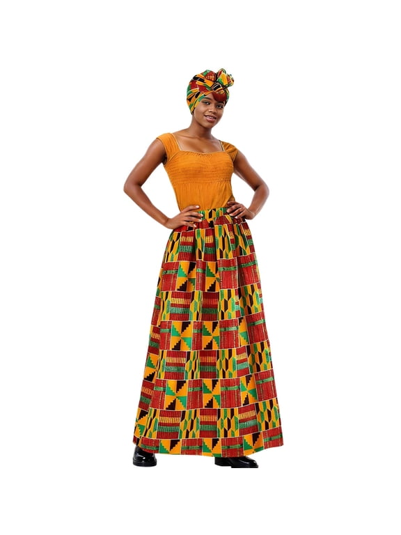 Women Skirts African Print Maxi Skirt With Head Wrap Scarf Floral Print Pockets Casual Stretch Comfy Party Skirts