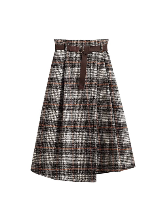 Women Skirts Blend Tartan Skirt With Asymmetrical Hemline Mid Length High Waist Flared A Line Style Autumn Skirts