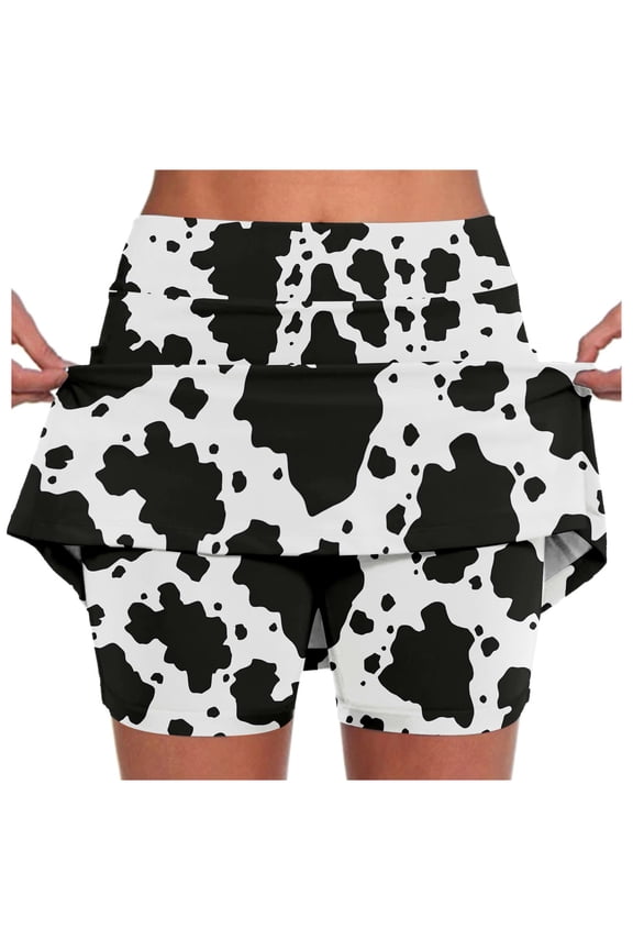 Women Skirts Casual Cow Print Skirts Built Shorts Summer Spring Skirts Daily Wear Trendy Stretch Sports Skorts