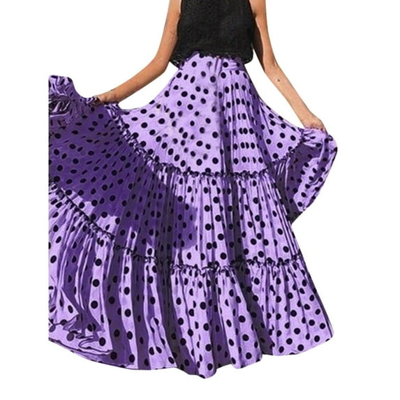 Jamsmile Women Skirts High Waist Polka Dots Print Loose Ruffled Pleated Bohemian Style Party Big Swing Long Skirts