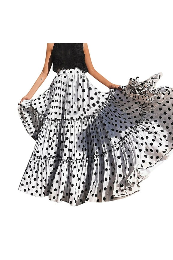 Women Skirts High Waist Polka Dots Print Loose Ruffled Pleated Bohemian Style Party Big Swing Long Skirts