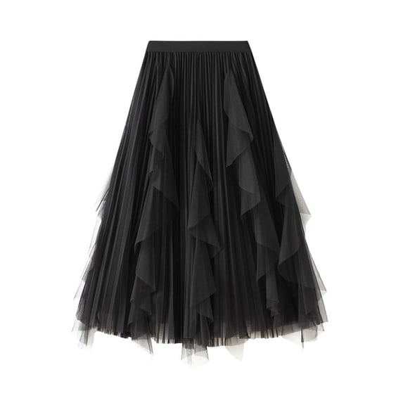 Jamsmile Women Skirts High Waisted Ruffled Mesh Skirts Mid Length Pleated Vacation Holiday Princess Puffy Ballet Tutu Skirts
